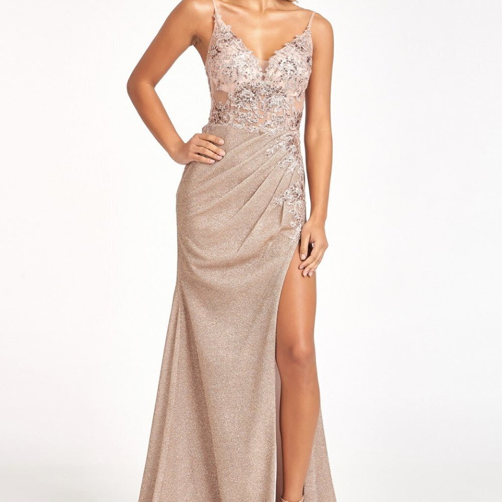 ROSE GOLD  Sequin Embroidered Glitter Crepe Mermaid Dress w/ Cut-out Back GL3030